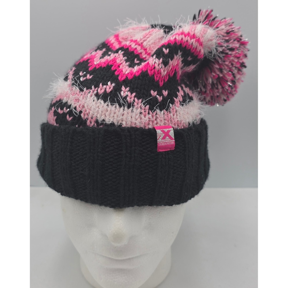 ZeroXposur Beanie‎ Women M/L Black Pink Fair Isle Pom Pom Knit Hat